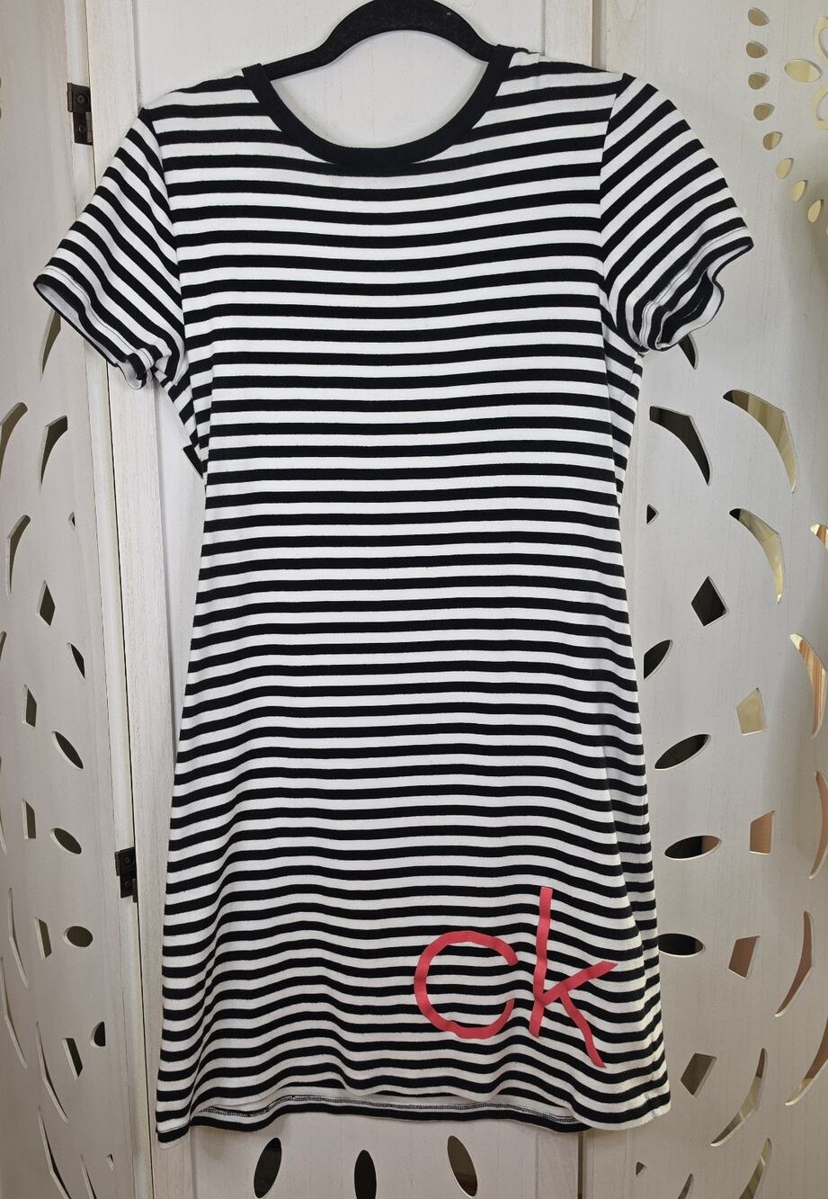 Calvin Klein Jersey T-Shirt Dress Monogram Black & White Stripes Size Medium